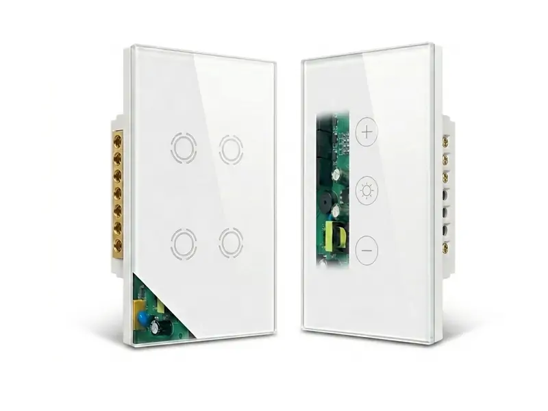 WillPower Matter smart dimmer switch with glass touch panel mounted on wall, featuring native Apple and Google home support via Thread protocol.