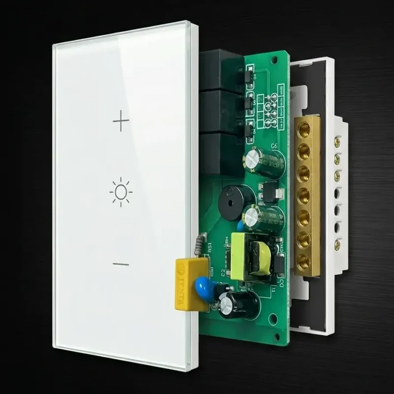 Exploded view of WillPower smart switch hardware structure, showcasing internal PCB layout, components, and glass touch panel engineered by Shenzhen Kaiming Technology for B2B OEM ODM manufacturing.