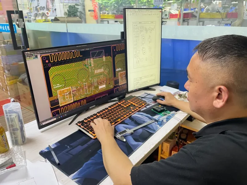 A hardware engineering technician optimizing high-density smart switch PCB layout and circuitry architecture across dual monitors at WillPower's Shenzhen facility.