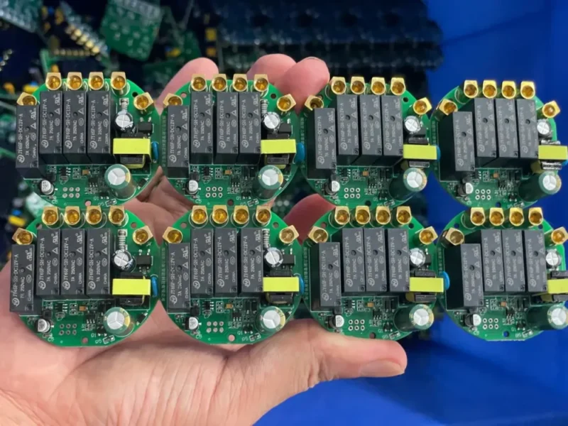 Handheld real-product photography of WillPower's proprietary high-density circular PCB layouts, showcasing an 8-panel smart switch relay controller array with heavy-duty brass terminals.