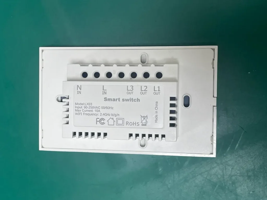 Rear view of WillPower smart switch hardware infrastructure, showcasing solid brass screw terminals, clear N L wire lining, and a 20mm ultra-slim depth chassis designed for US standard gang boxes.