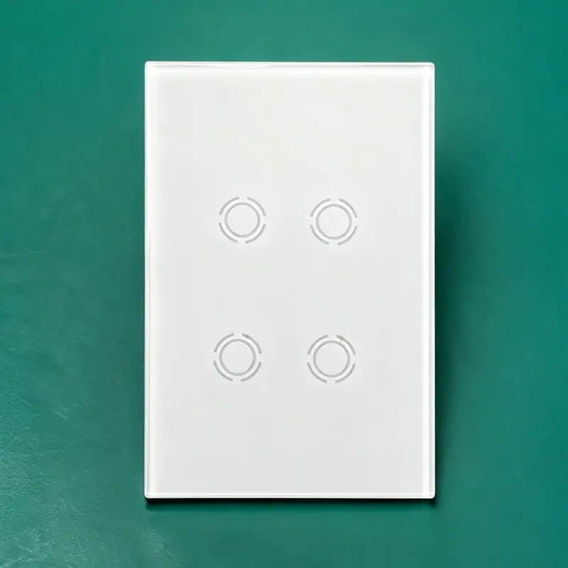 Top down real-product photography of WillPower multi-gang smart switch series, showcasing independent 4-loop relay configuration and zero-cross switching technology layout.