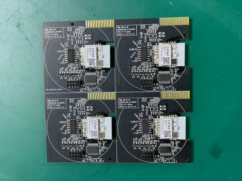 A 4-panel printed circuit board assembly (PCBA) showing smart switch IoT communication modules with microcontrollers and proprietary firmware routing at Shenzhen Kaiming Technology factory.